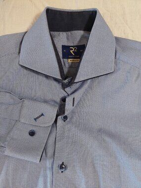 R2 Amsterdam Men's 16.5  Blue Patter Dress Shirt Contrasting Navy Trim.